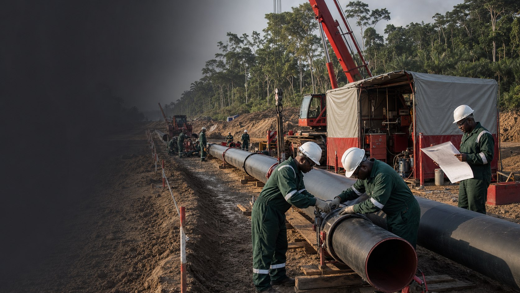 Flowline construction crew aligning coated steel pipe on an oilfield right-of-way