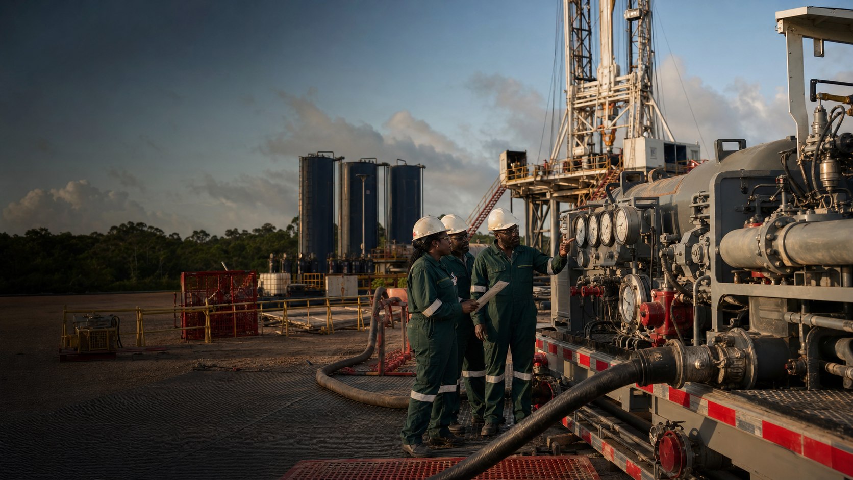 Well cementing team reviewing pump-unit gauges at a drilling location