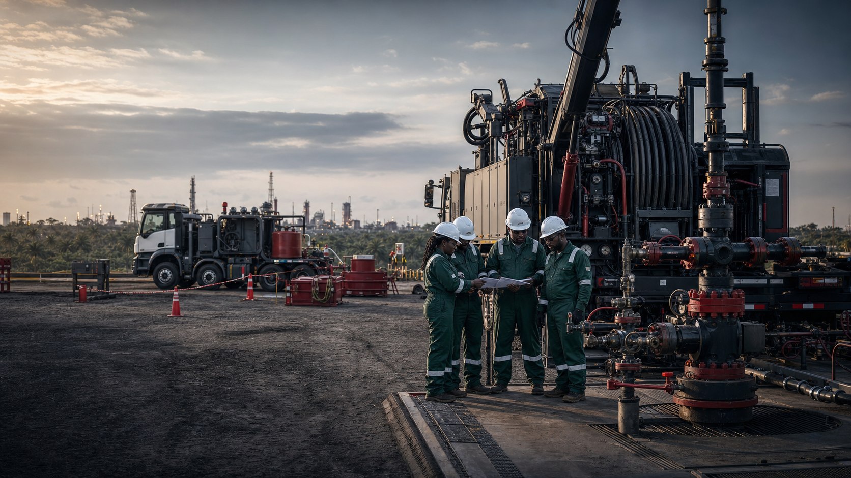 Well intervention team and coiled tubing equipment at an oilfield site